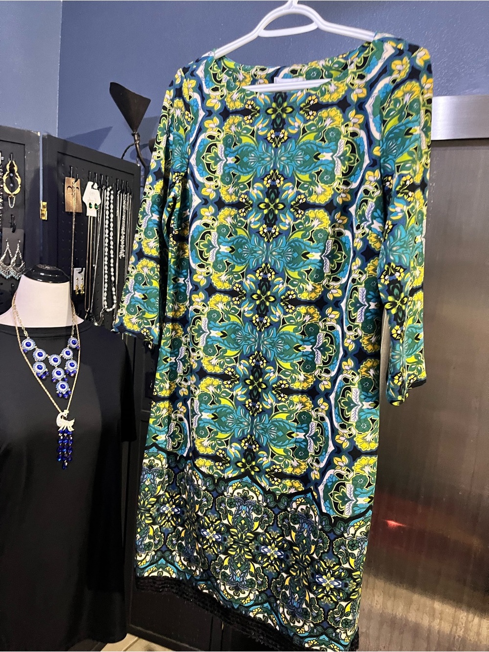 London Times Teal, Yellow and Black Long Sleeve Printed Shift Dress
